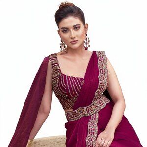 Elegant Burgundy Satin Silk Ready-to-Wear Saree with Embellishments